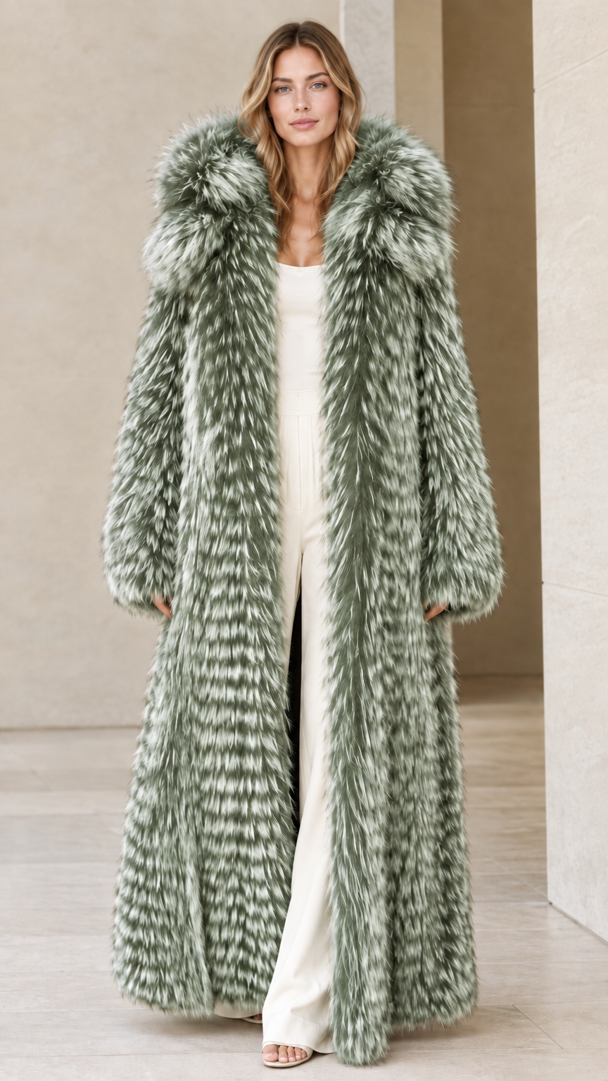 Front view of woman wearing sage green full-length hooded faux fur coat
