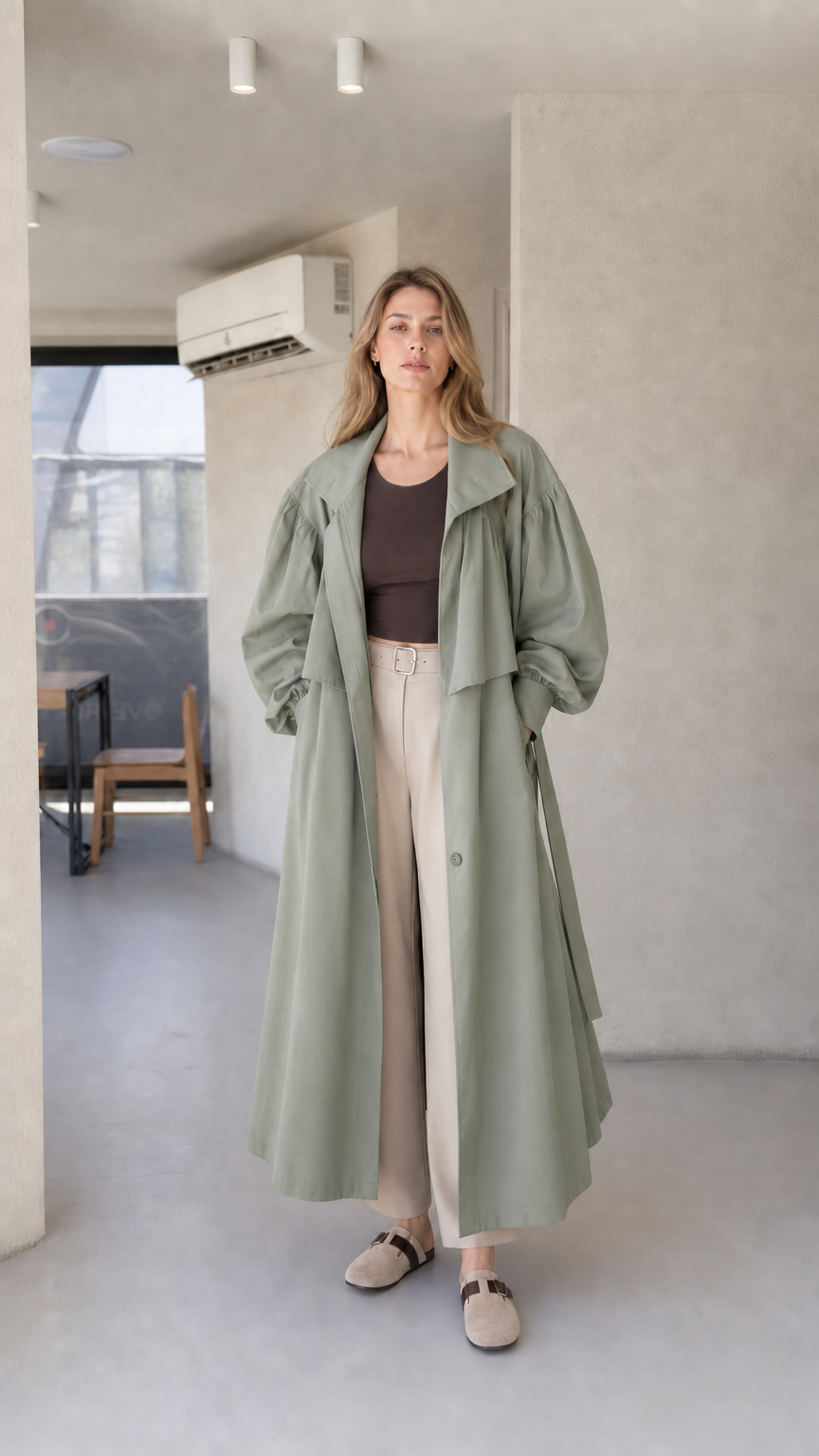Model wearing sage green oversized maxi trench coat with removable waist belt