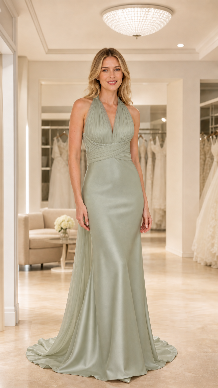Full-length view of Sage Green halter pleated satin bridesmaid dress