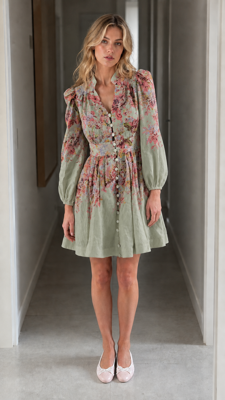 Front view of woman wearing sage green floral print mini dress