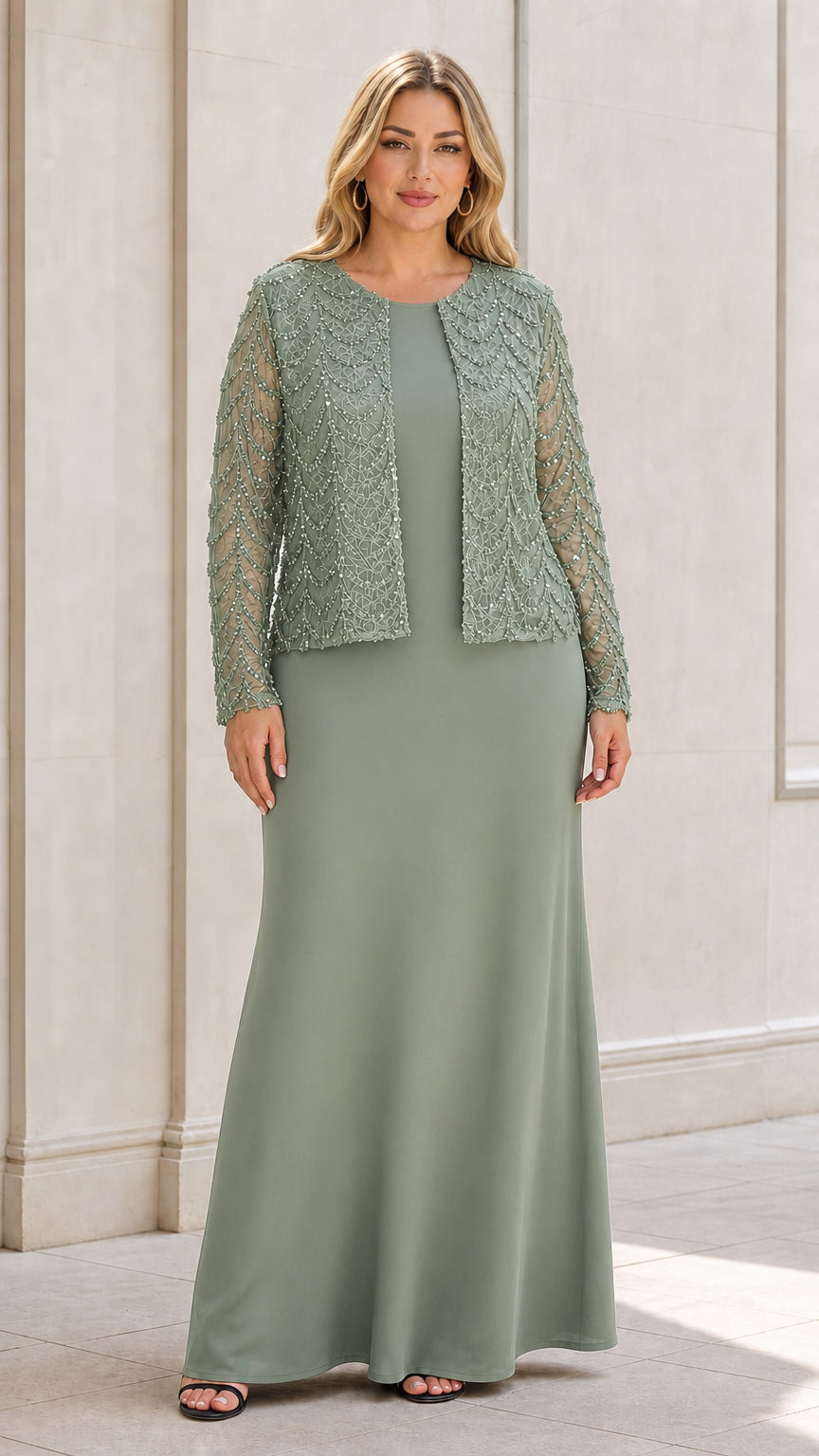 Sage green two-piece formal evening maxi dress with sequin jacket