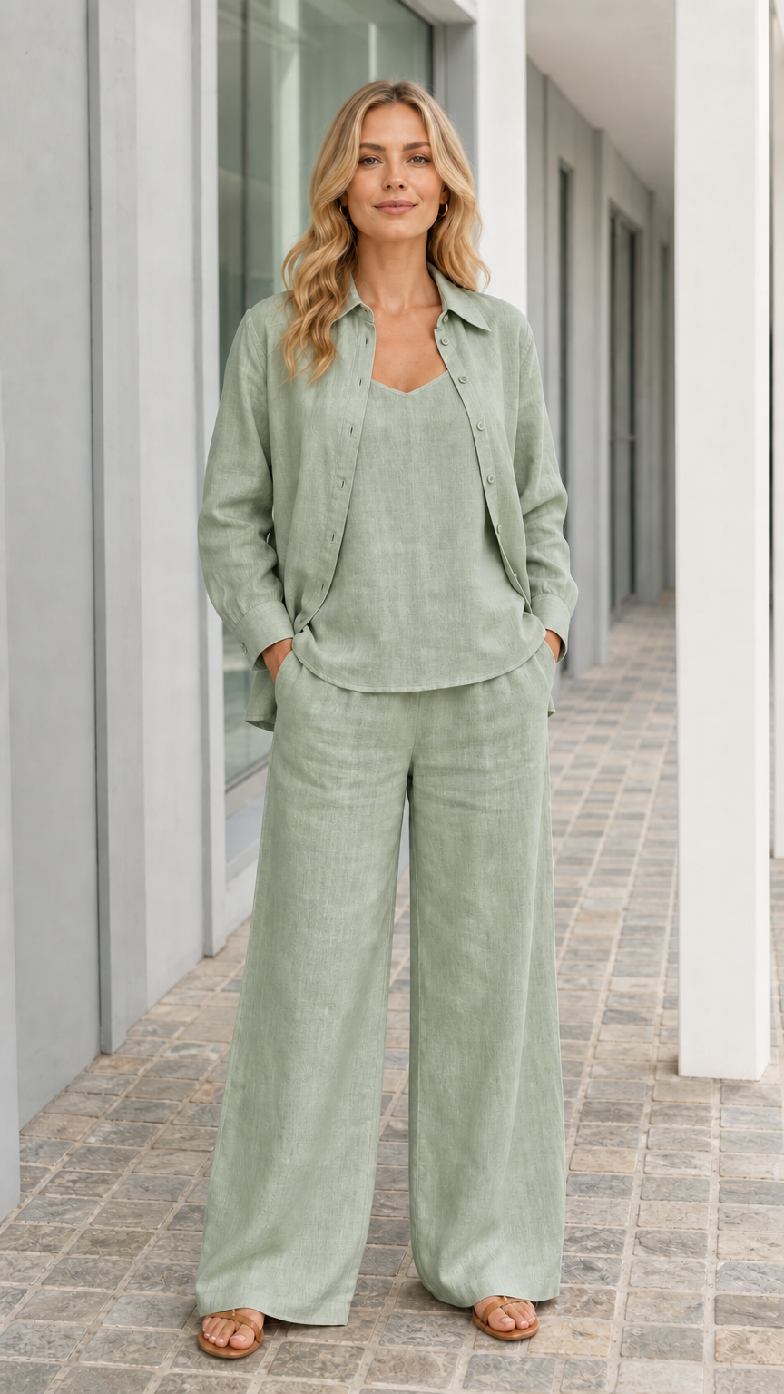 Woman wearing sage green 3-piece casual outfit