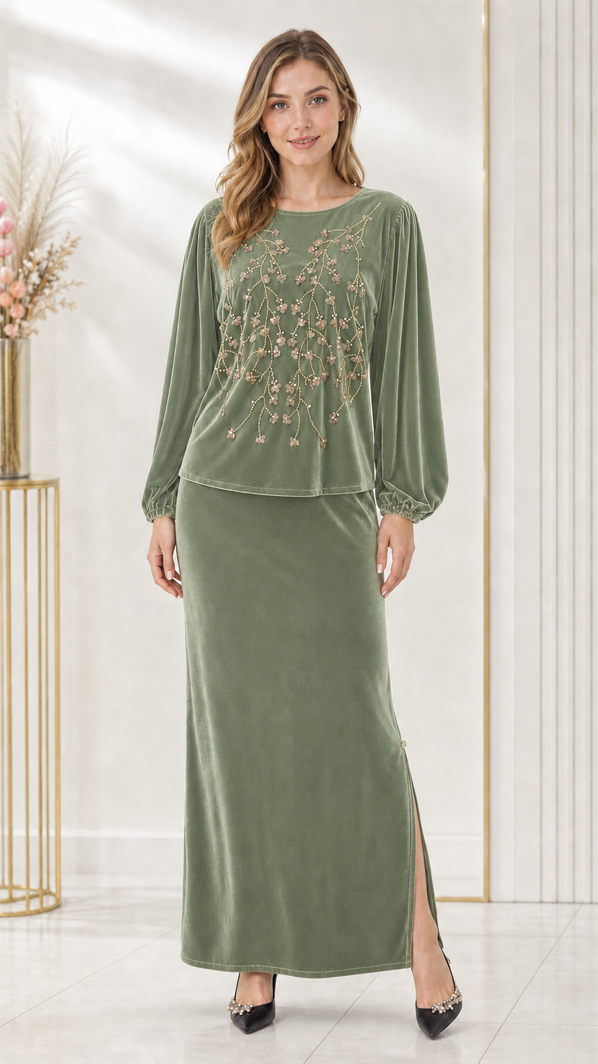 Full-length front view of sage green beaded velvet two-piece maxi skirt set
