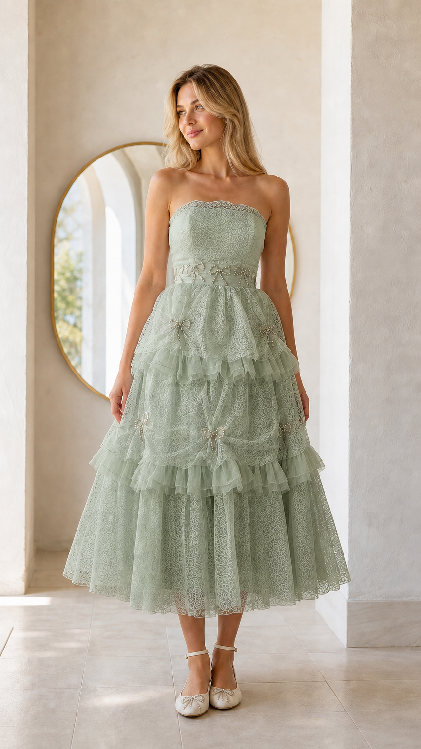 Front full view of woman wearing sage green strapless tiered midi dress