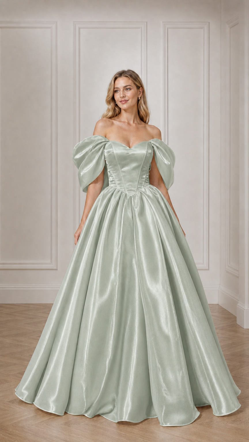 Full view of woman in sage green off-the-shoulder satin ball gown