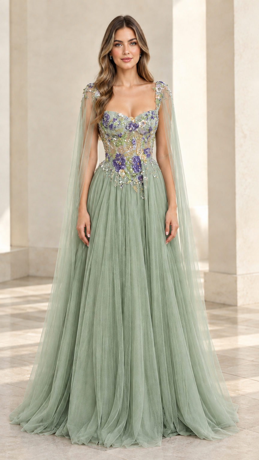 Sage green embroidered tulle evening gown with sheer shoulder cape accents