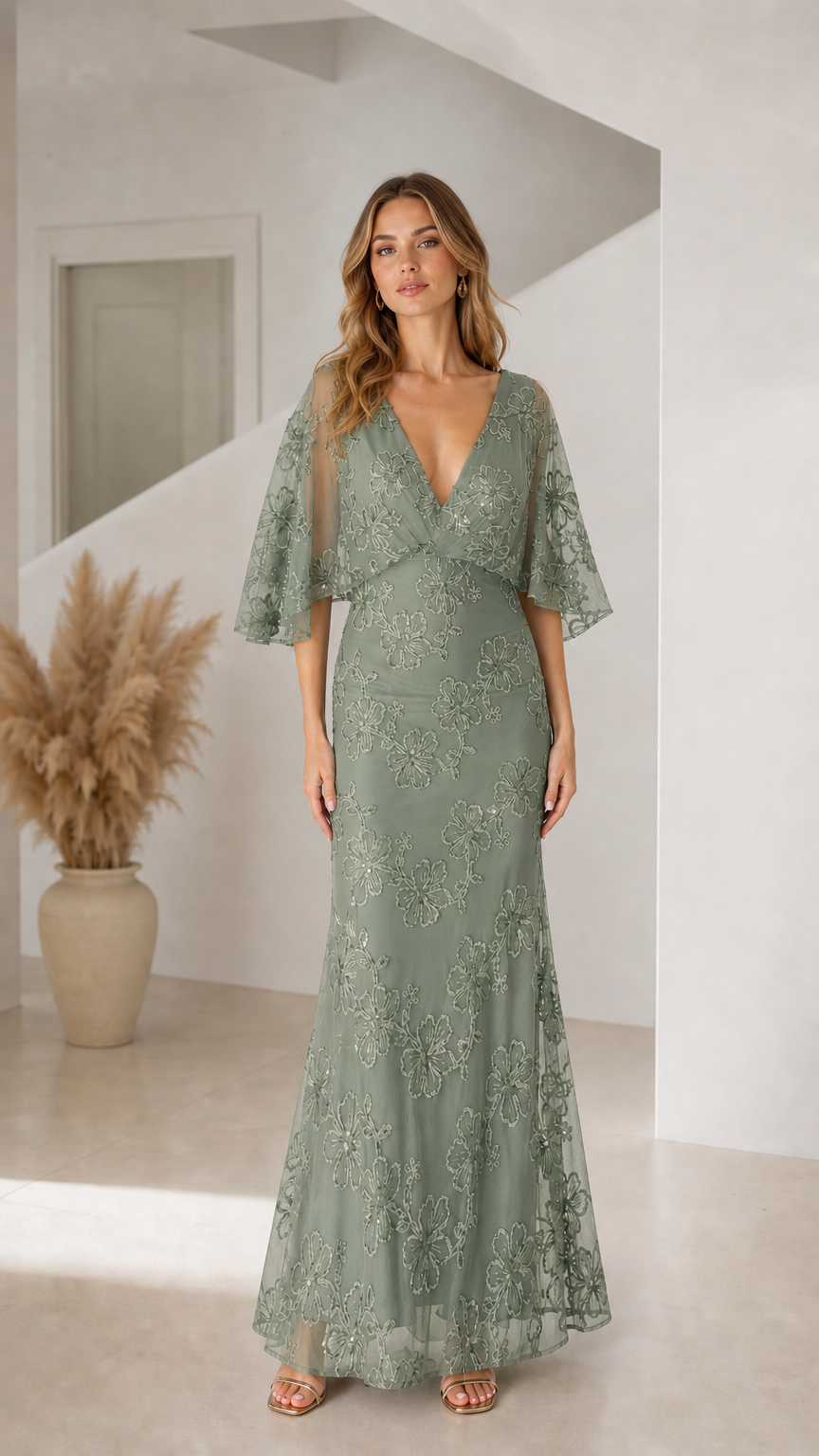 Front view of woman wearing sage green floral sequin flutter sleeve maxi dress