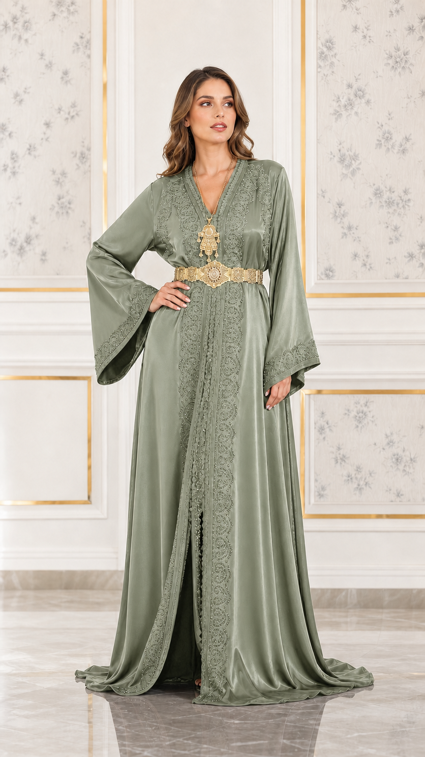 Full front view of sage green embroidered satin caftan maxi dress with ornate belt
