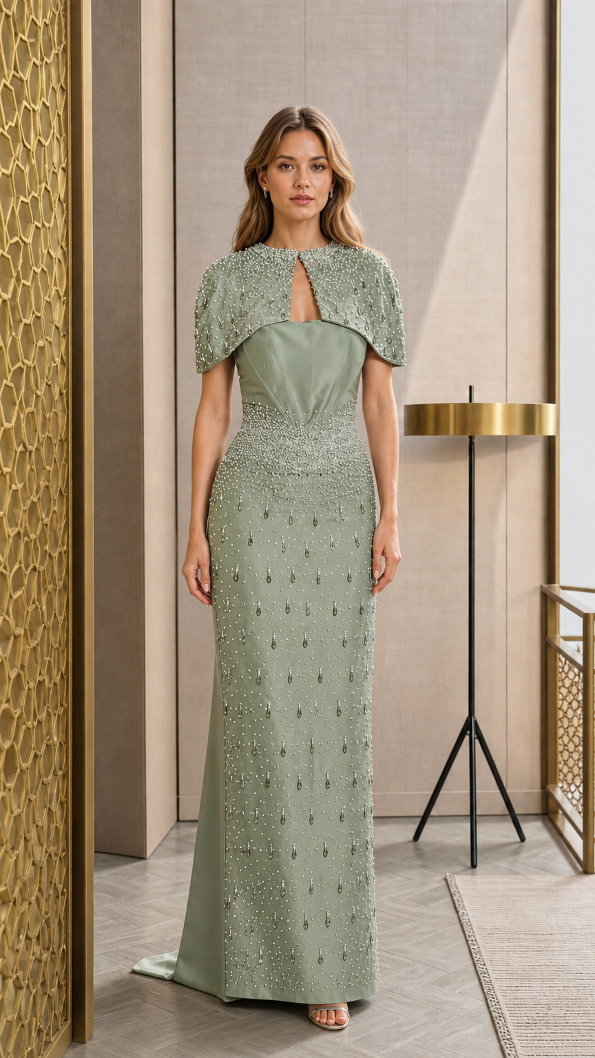 Sage Green formal evening dress with sparkling beaded capelet