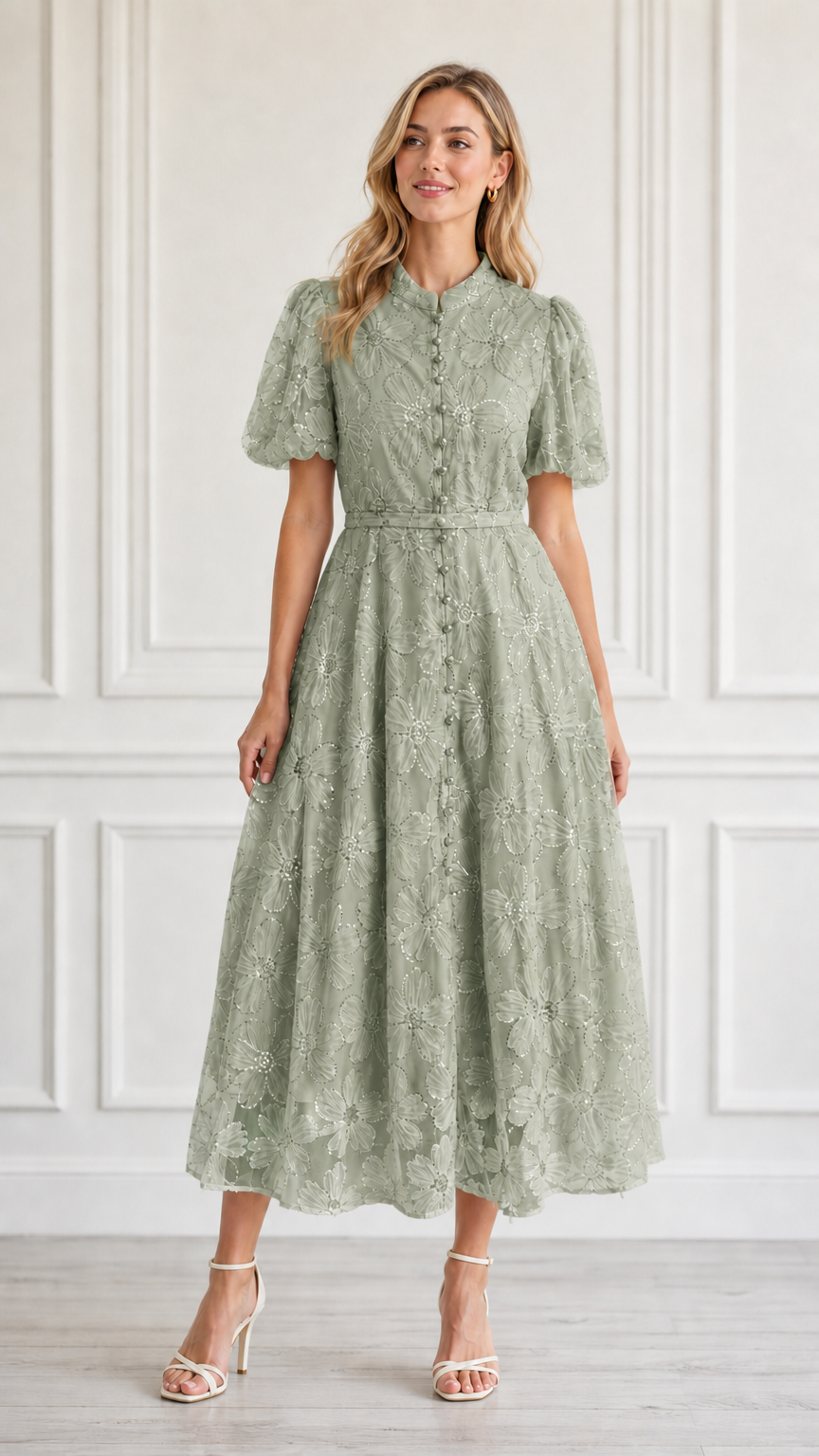 Front view of model wearing sage green floral embroidered midi dress