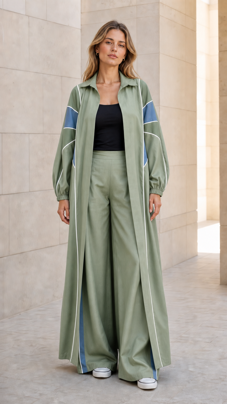 Sage Green colorblock maxi duster and wide leg trousers set