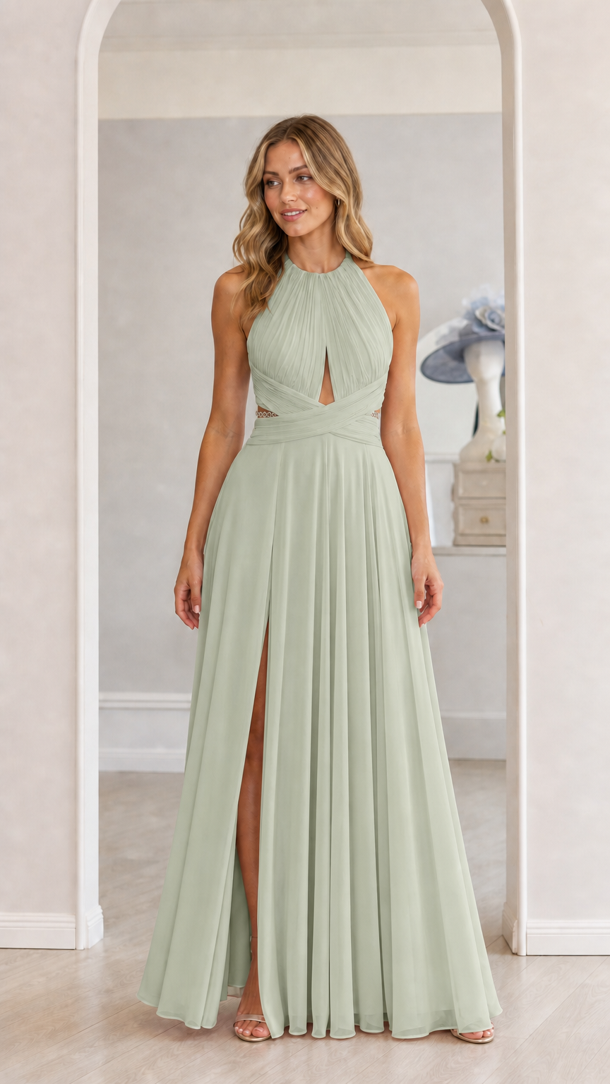 Model wearing sage green chiffon halter maxi dress with front slit