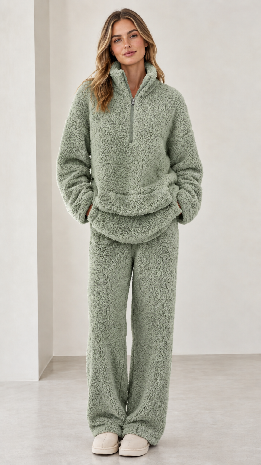 Model wearing sage green sherpa fleece quarter-zip loungewear set
