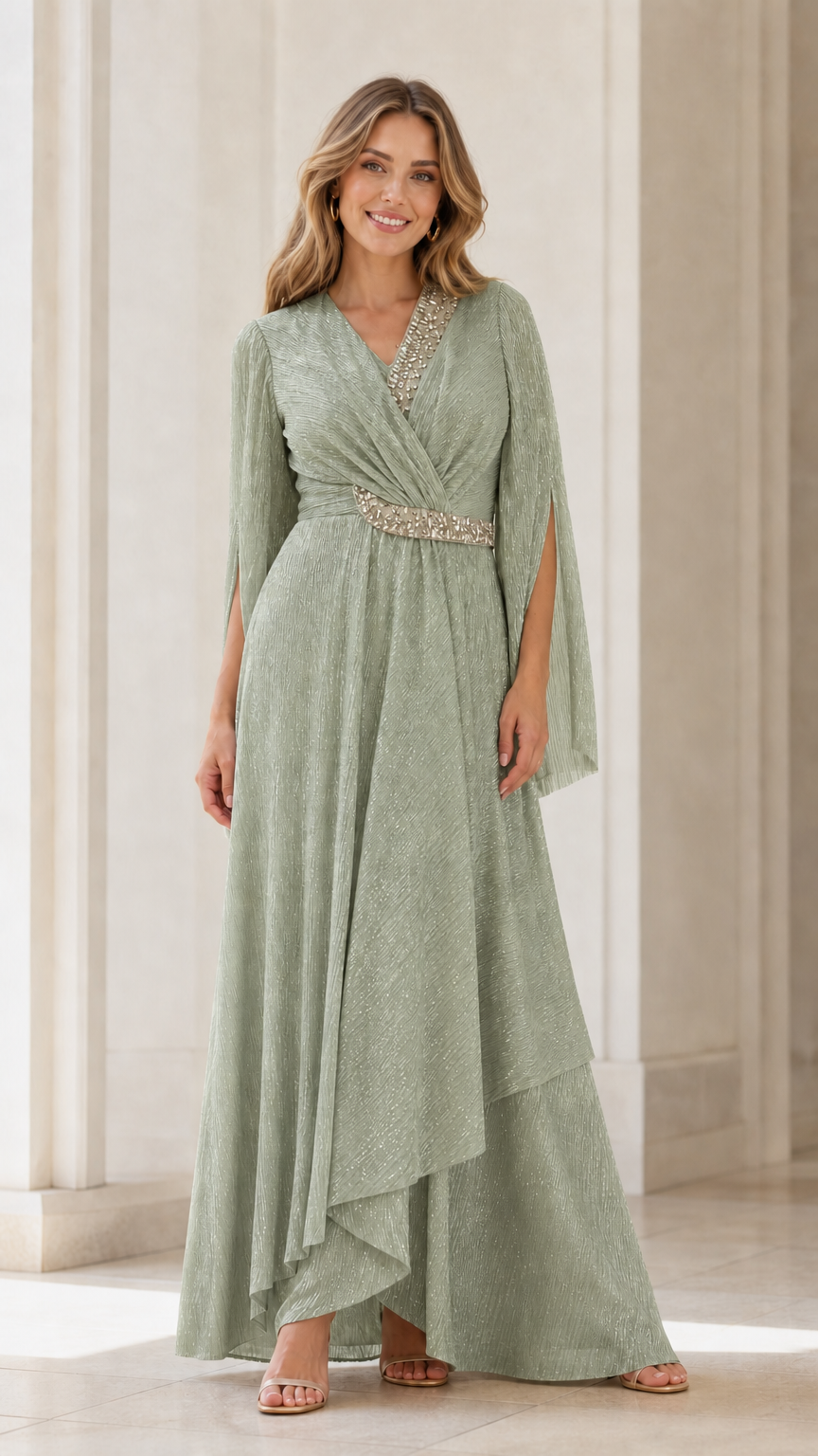 Front view of model wearing sage green rhinestone evening dress