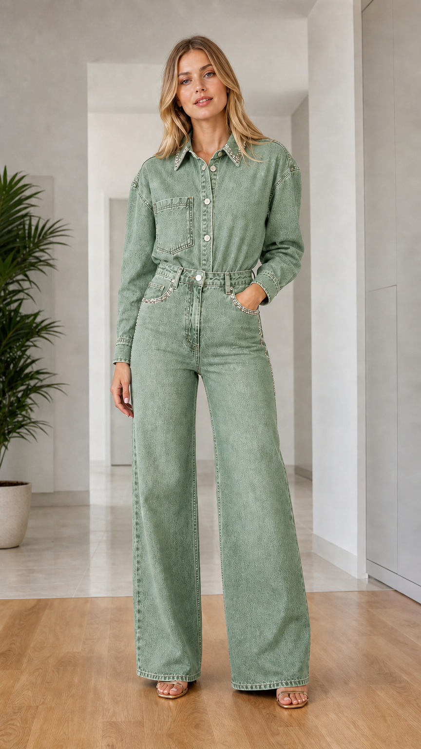 Woman wearing sage green long sleeve wide leg denim boilersuit jumpsuit with crystal details