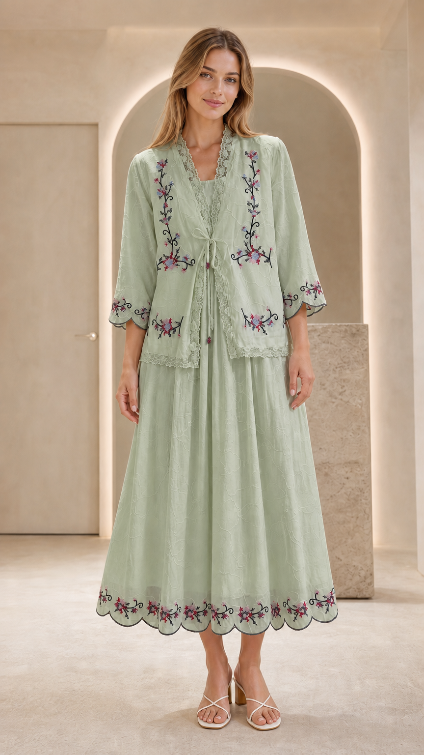 Front view of model wearing sage green embroidered two-piece dress set