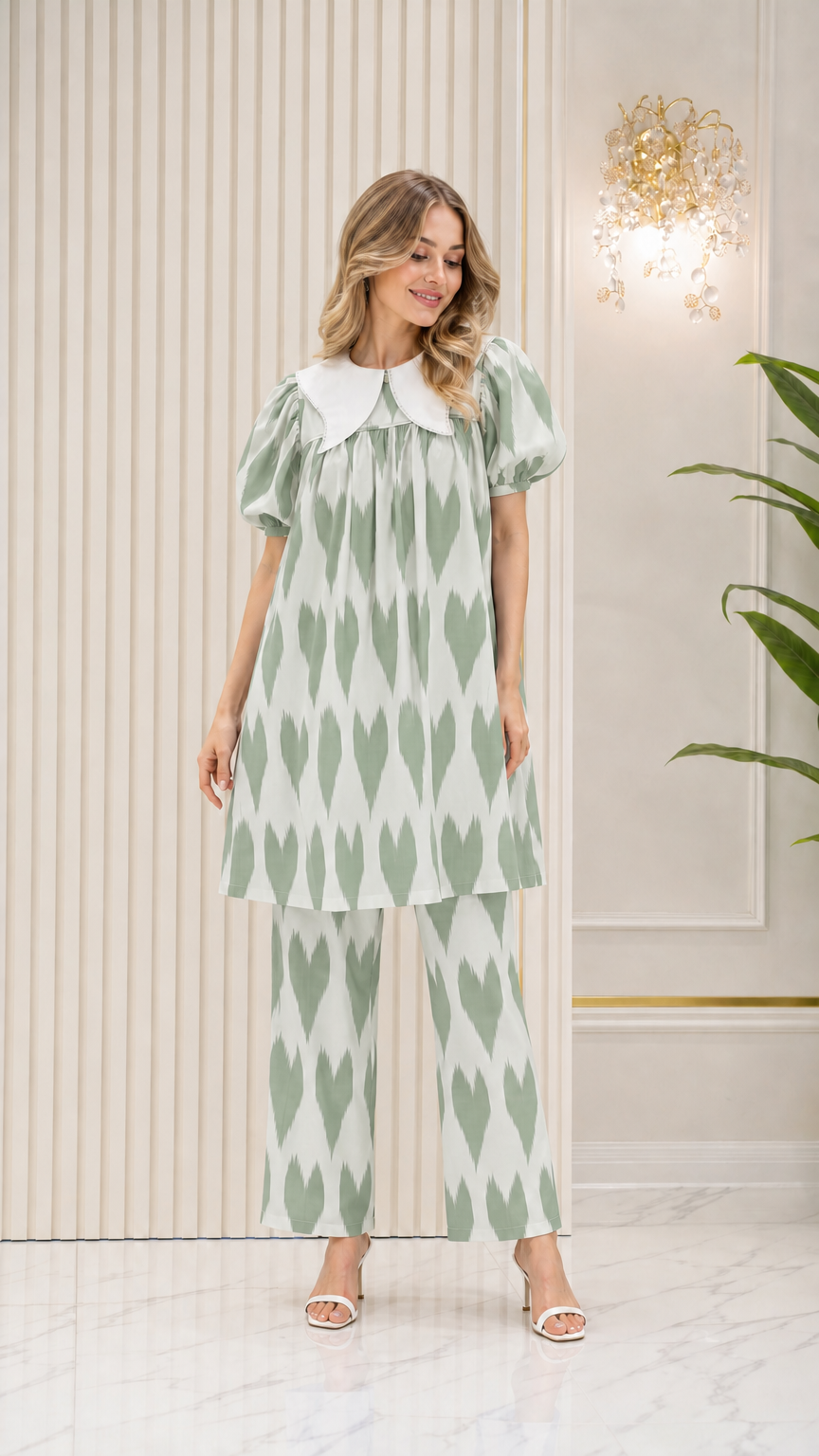 Model wearing Sage Green printed tunic and straight-leg pants set