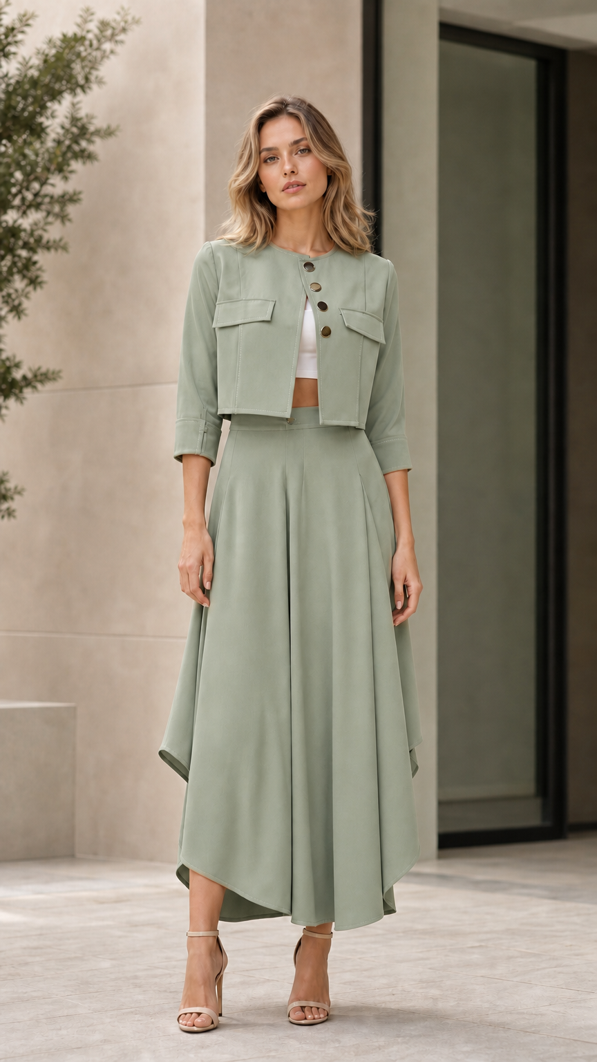 Model wearing sage green cropped jacket and asymmetrical maxi skirt set