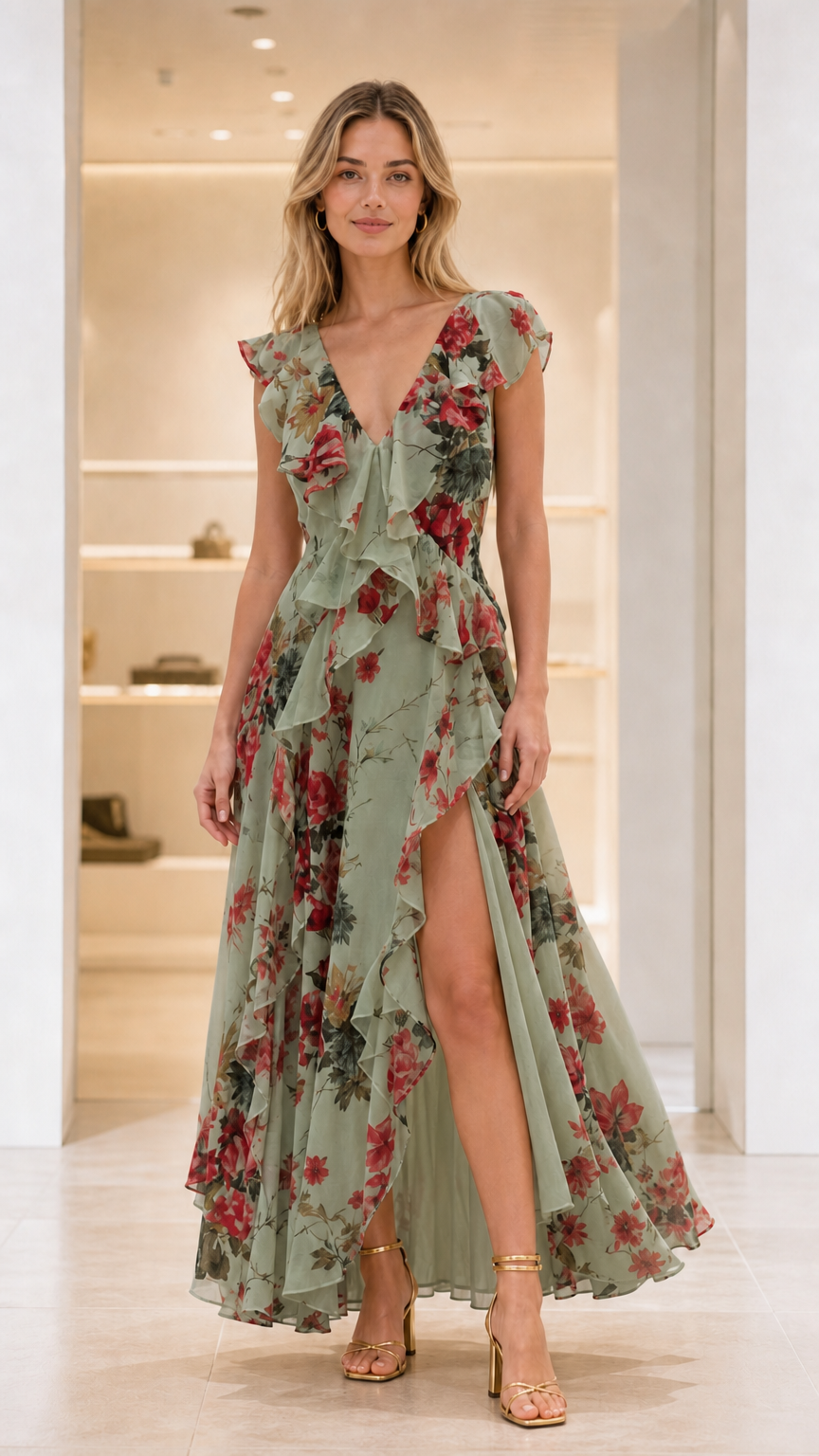 Front view of Sage Green Floral ruffle backless maxi dress with high slit