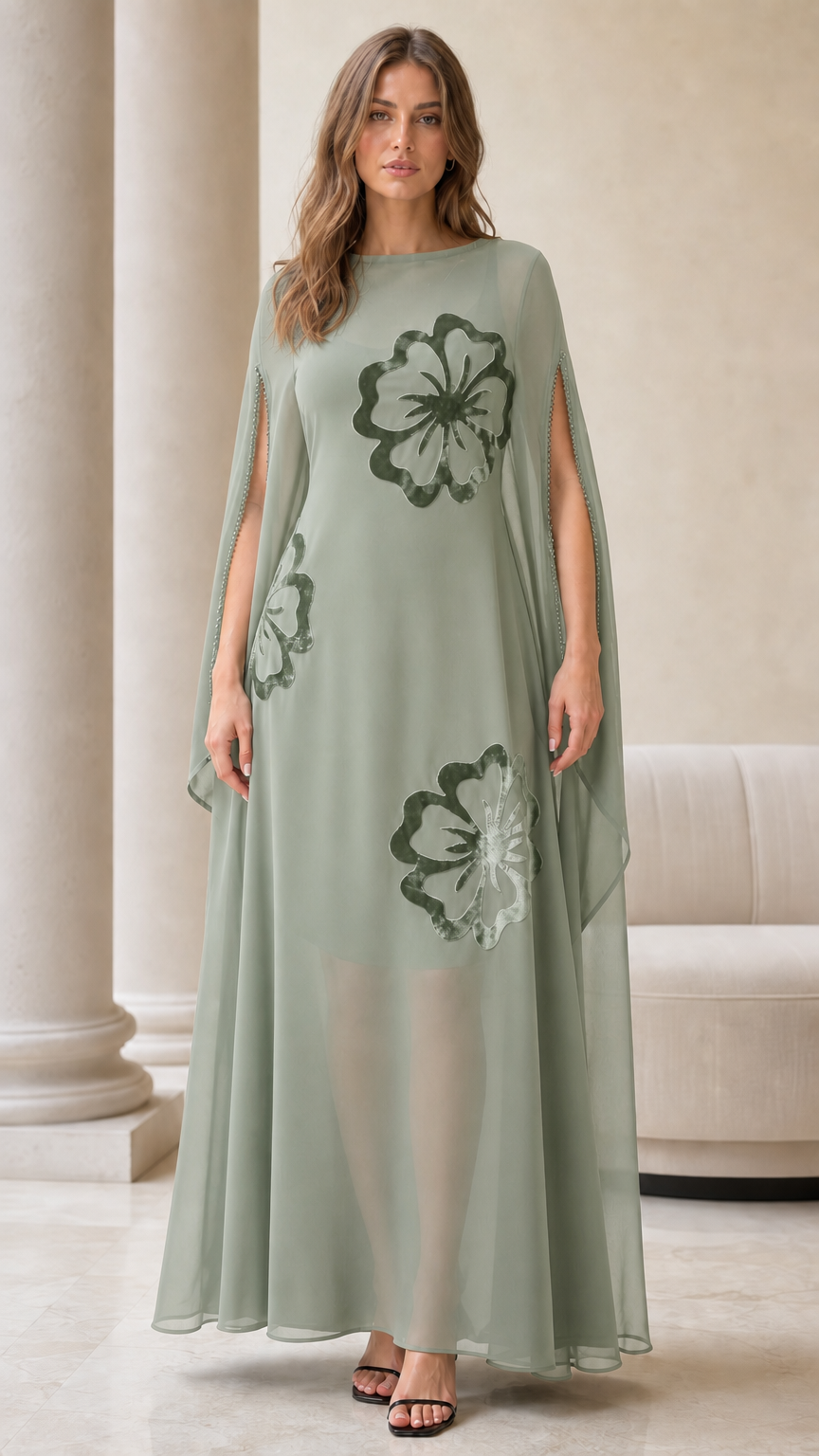 Sage green split cape sleeve formal maxi dress with floral appliqué