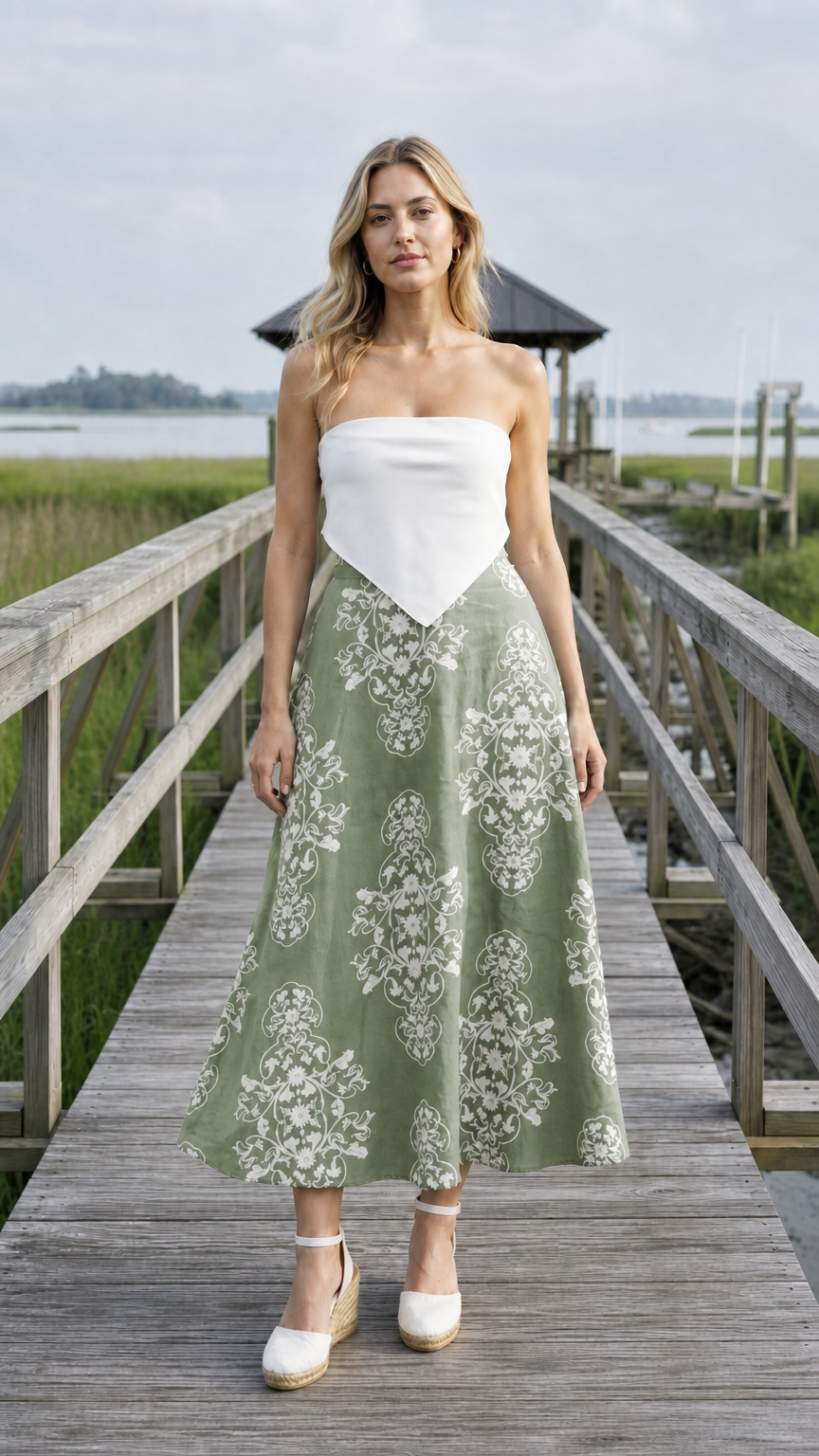 Front view of sage green floral midi skirt variant