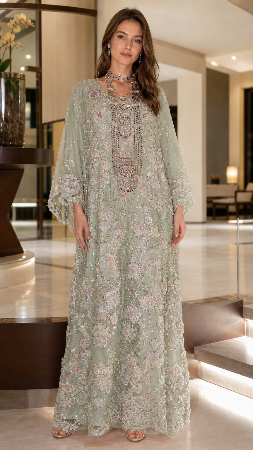 Full front view of sage green floral sequin embroidered kaftan maxi dress