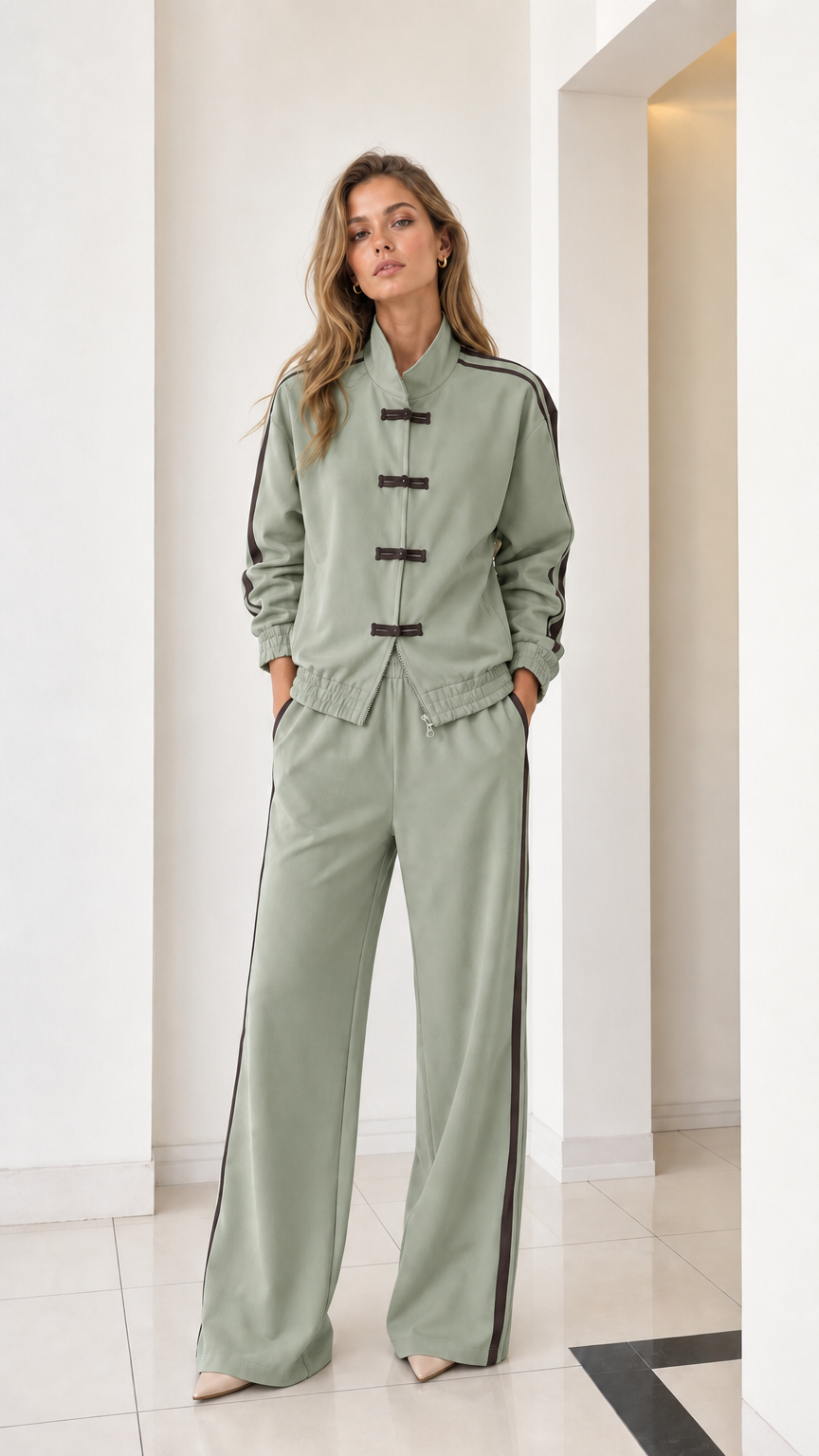 Full front view of women's sage green two-piece tracksuit with contrast stripes