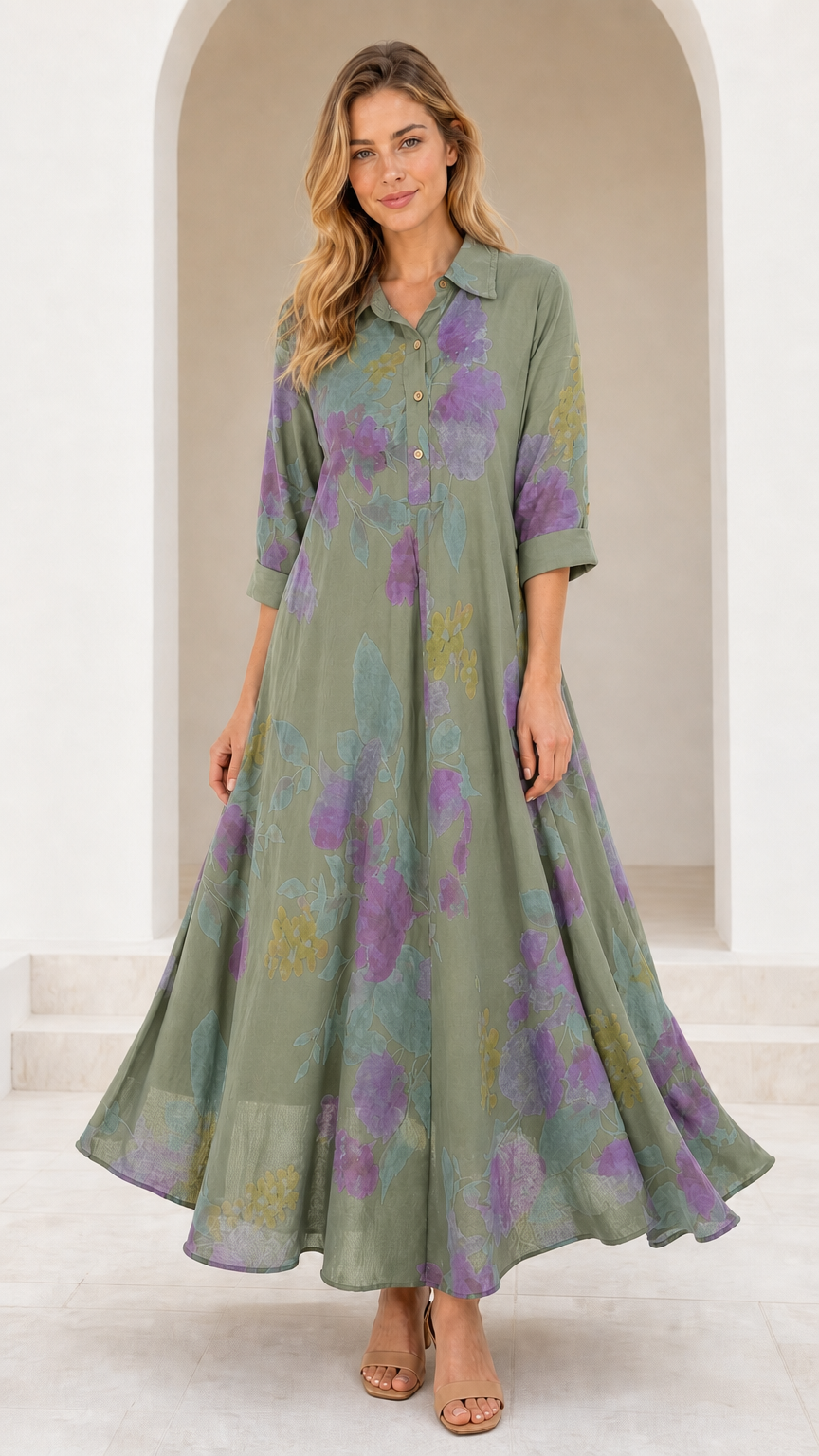 Front view of model wearing Sage Green floral collared maxi dress