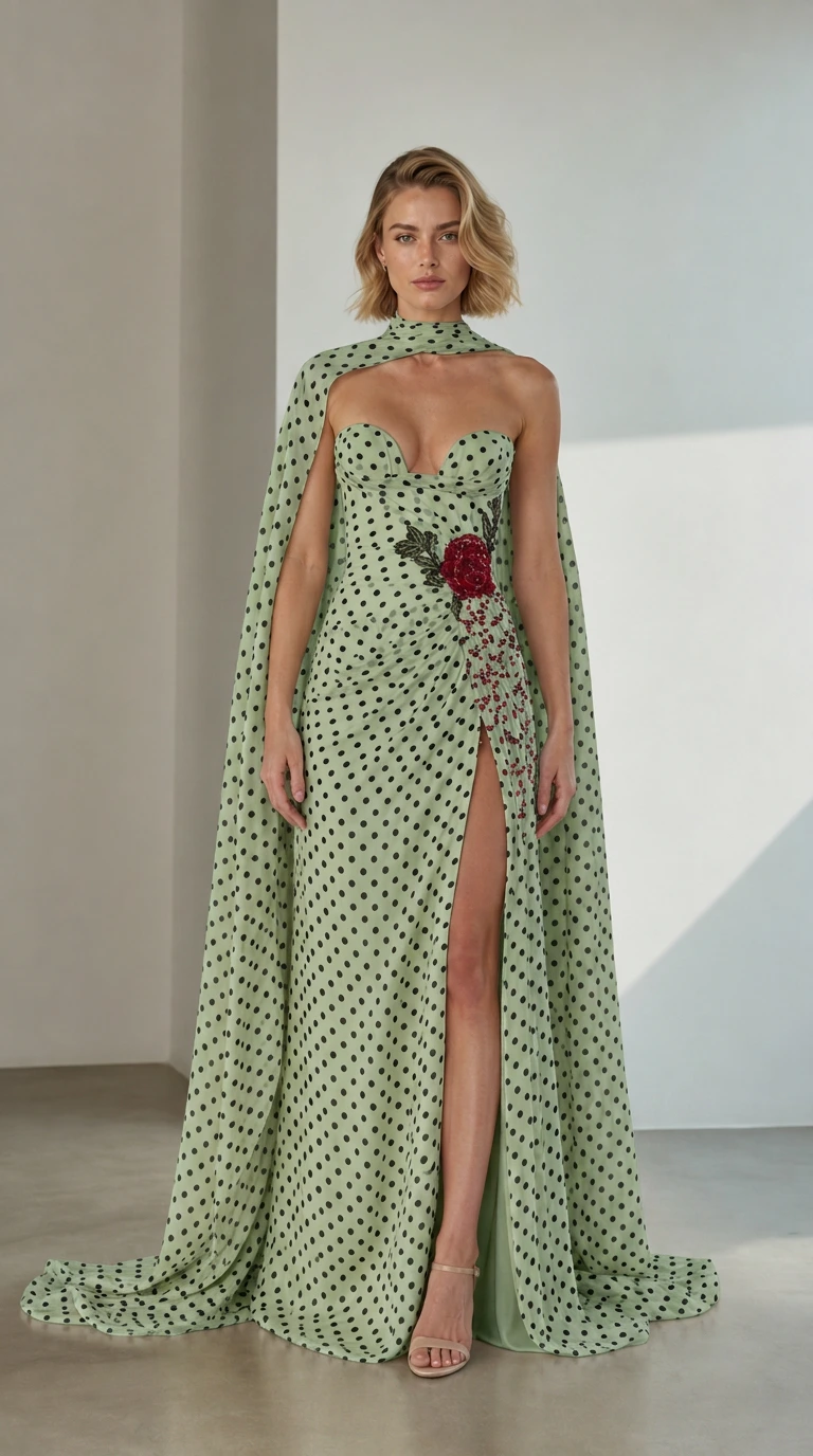 Front view of Green Polka Dot Embellished Cape Evening Gown