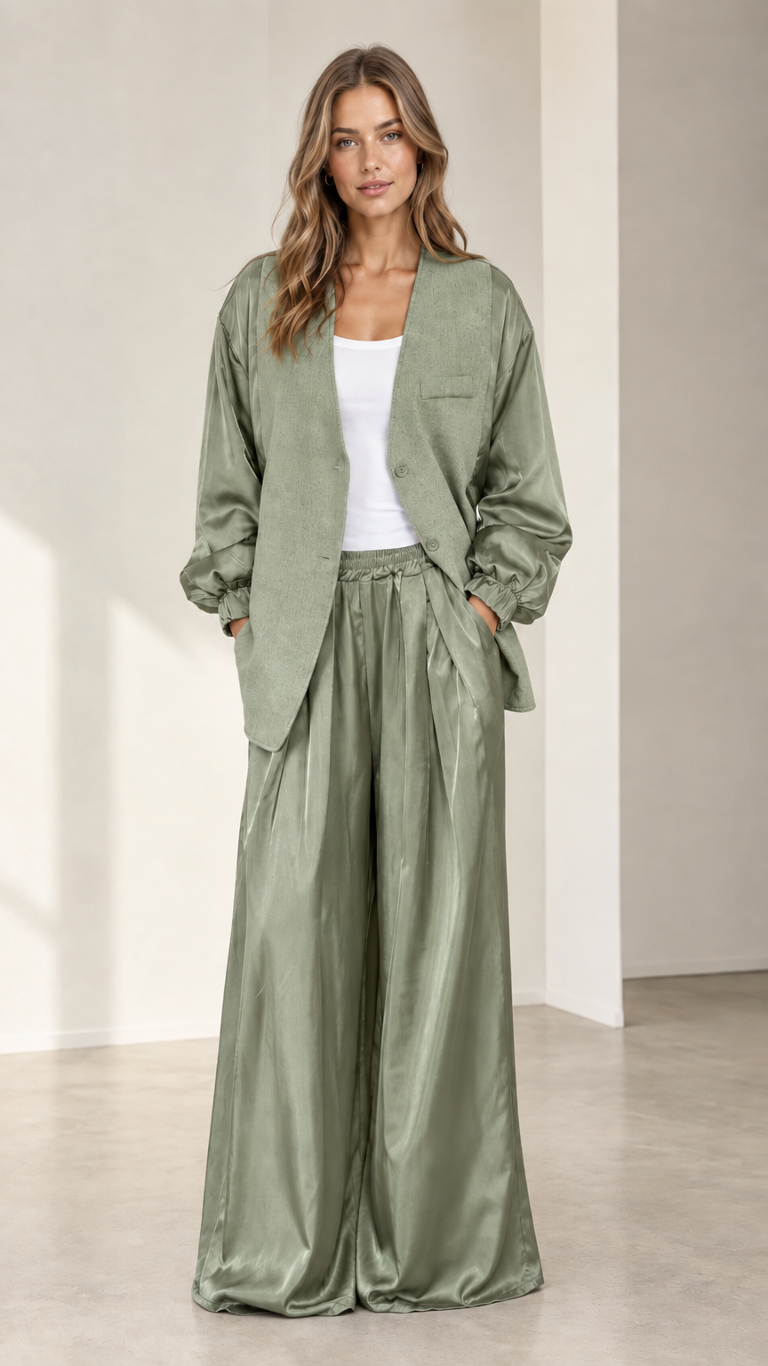 Front view of model wearing sage green contrast blazer and satin wide-leg pants set
