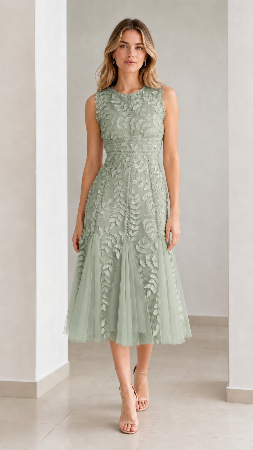 Front view of model wearing sage green embroidered leaf applique midi dress