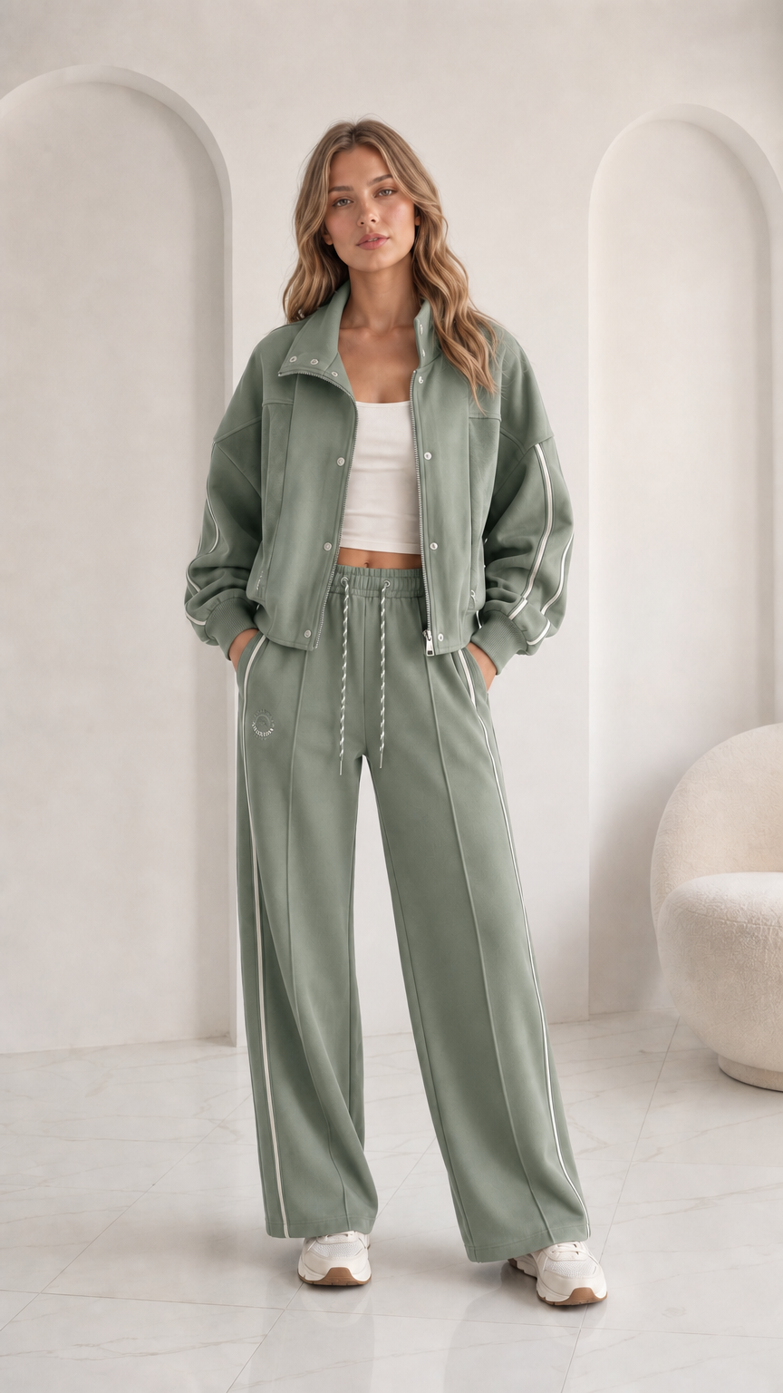 Women's sage green 2-piece sporty track jacket and pant set