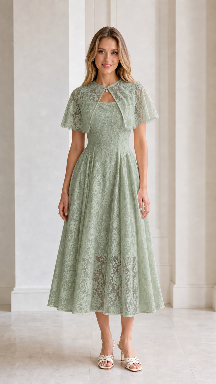 Model wearing Sage Green Floral Lace Capelet Midi Dress