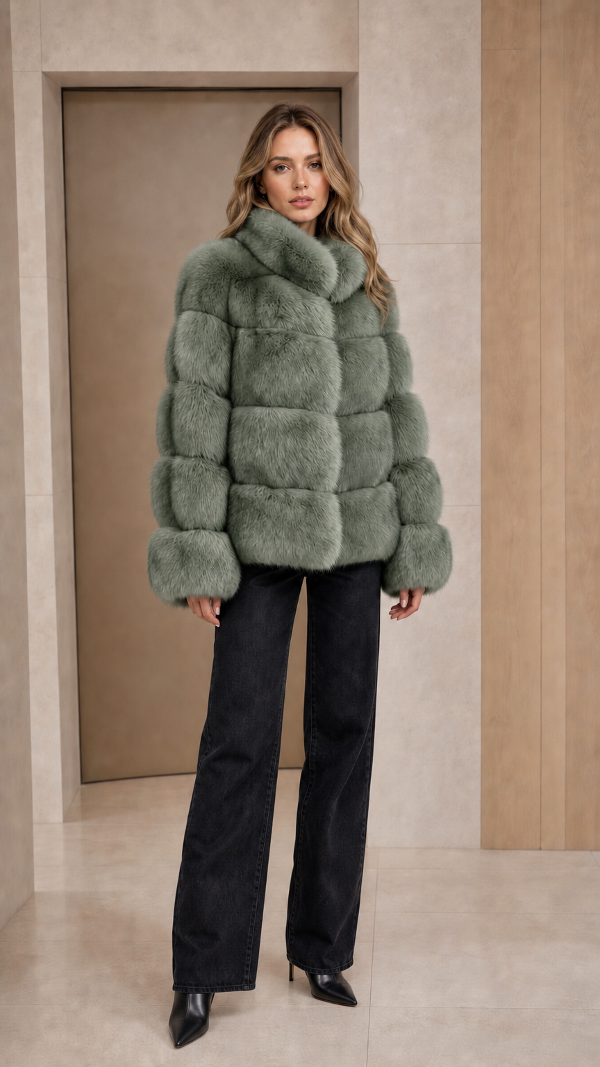 Model wearing sage green plush faux fur paneled jacket