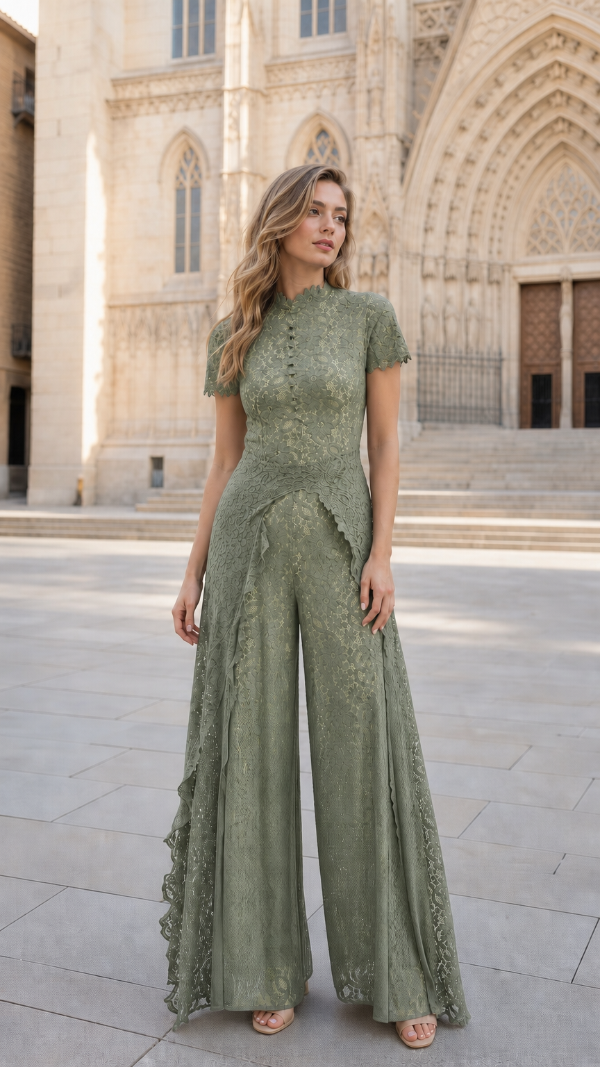 Front view of woman wearing Sage Green floral lace wide-leg jumpsuit