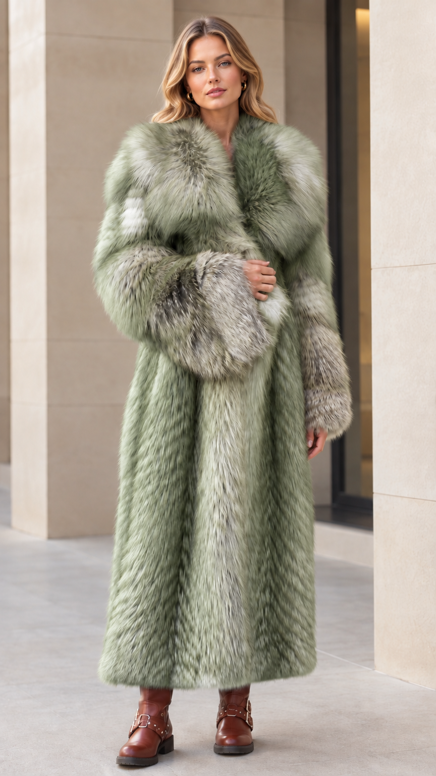 Front view of woman wearing sage green long faux fur coat