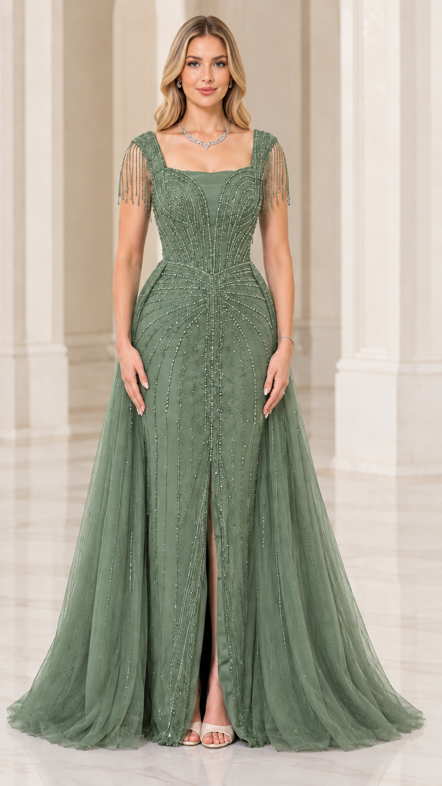 Full-length front view of sage green beaded evening gown with front slit and overskirt