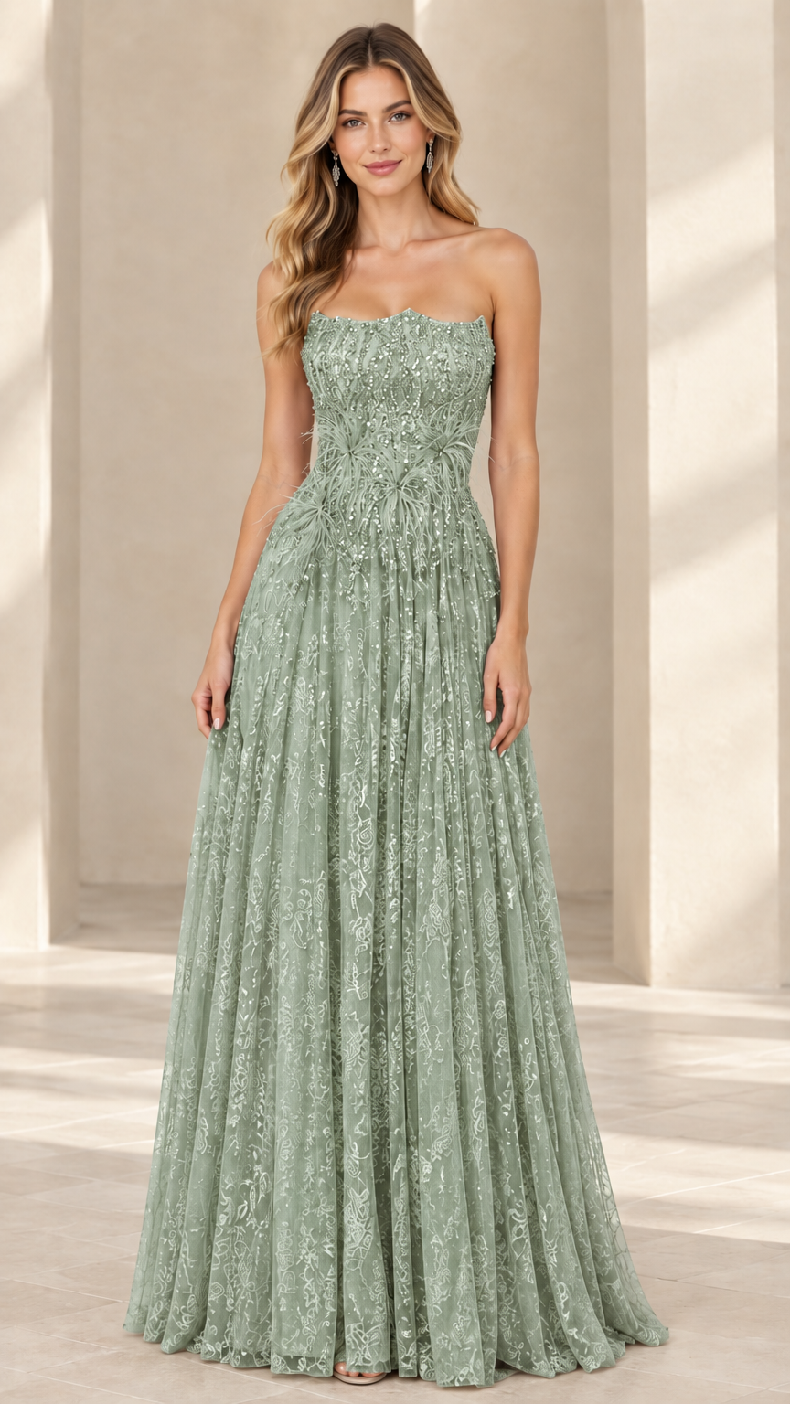 Sage green strapless sequin floor-length formal dress