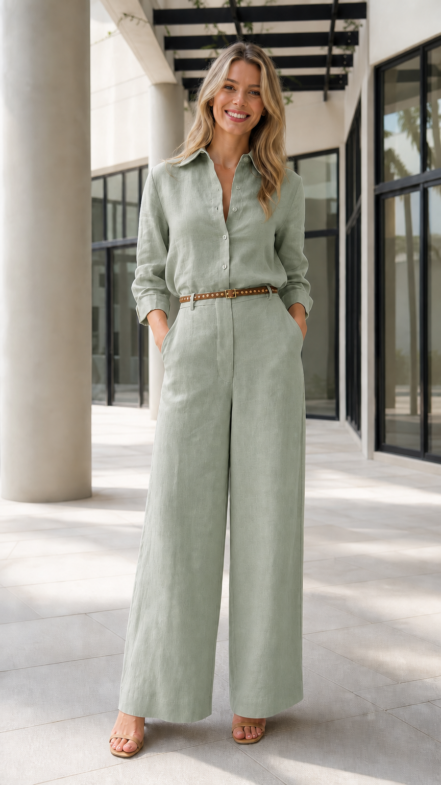 Front view of woman wearing sage green button-up wide-leg jumpsuit
