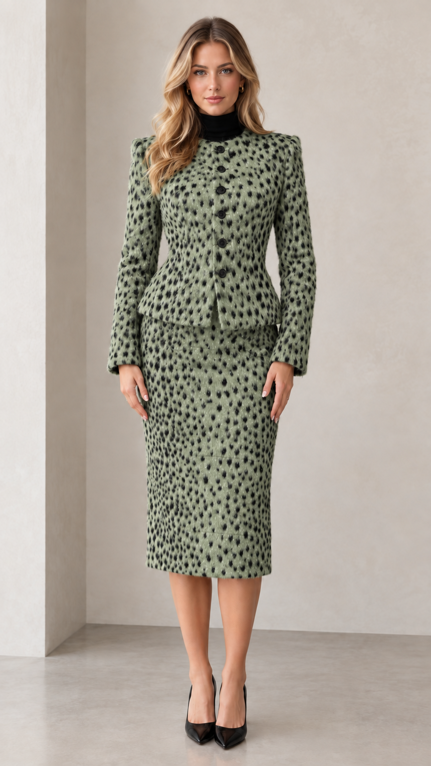 Front view of sage green speckled peplum blazer and midi skirt set
