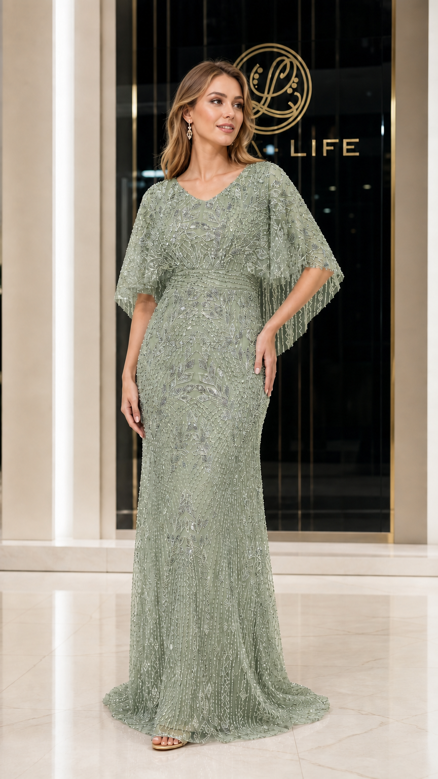 Front view of woman wearing sage green beaded evening gown