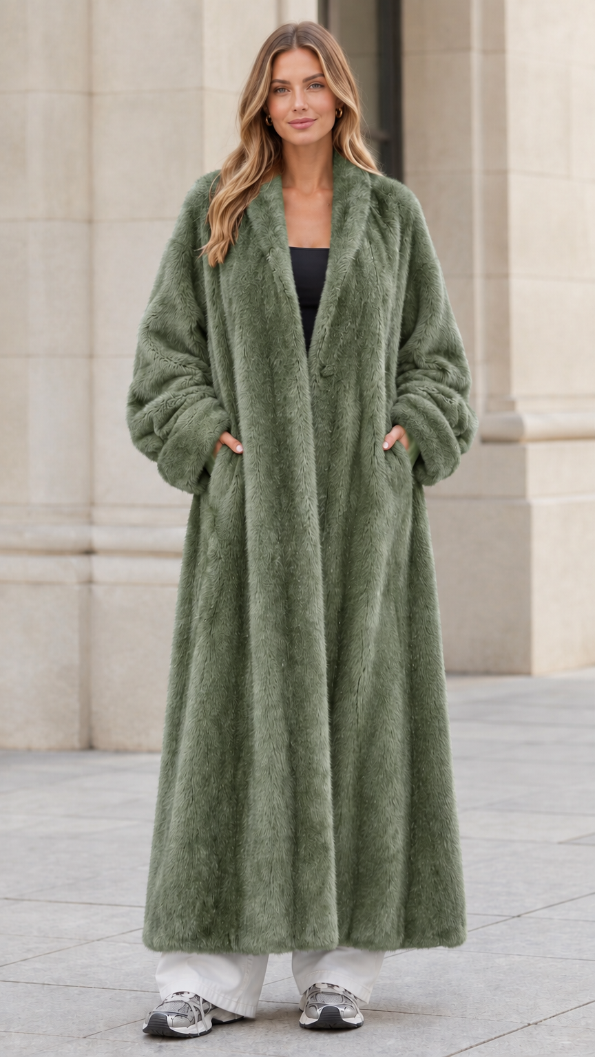 Front view of woman wearing sage green longline faux fur coat