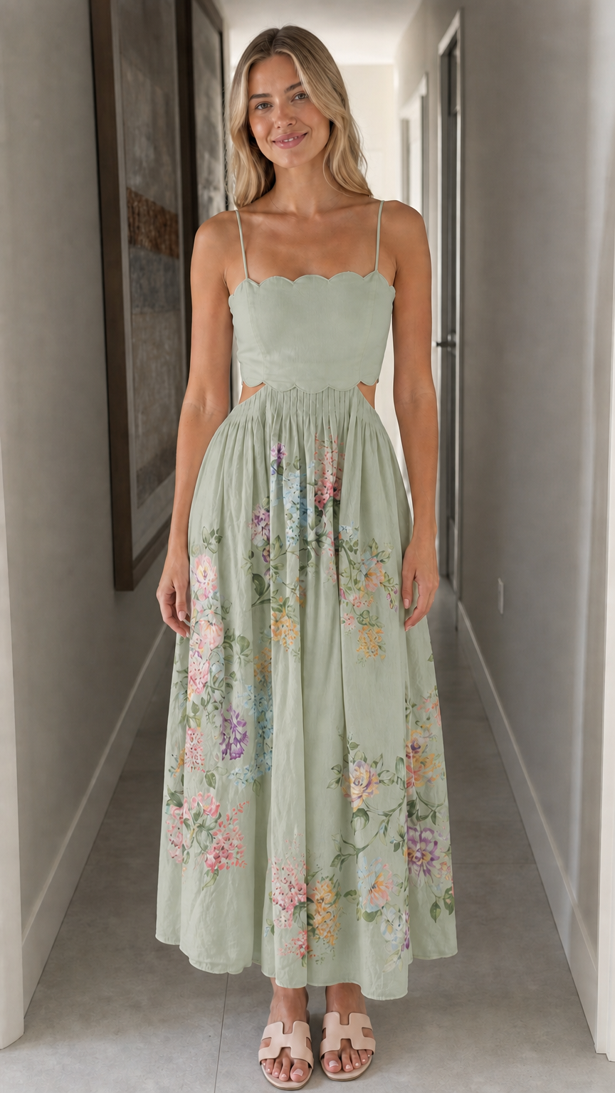 Woman wearing sage green floral cutout midi dress