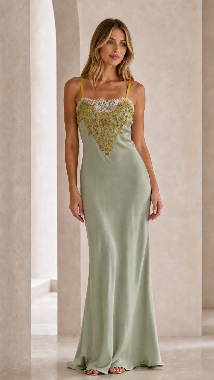 Front view of sage green satin slip maxi dress with embroidered bodice