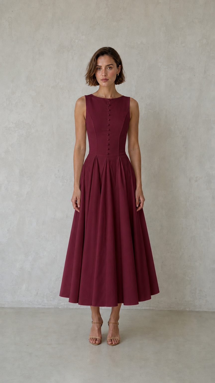 Front view of woman wearing burgundy sleeveless pleated midi dress