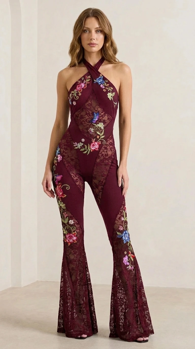 Burgundy color variant of the floral embroidered lace jumpsuit