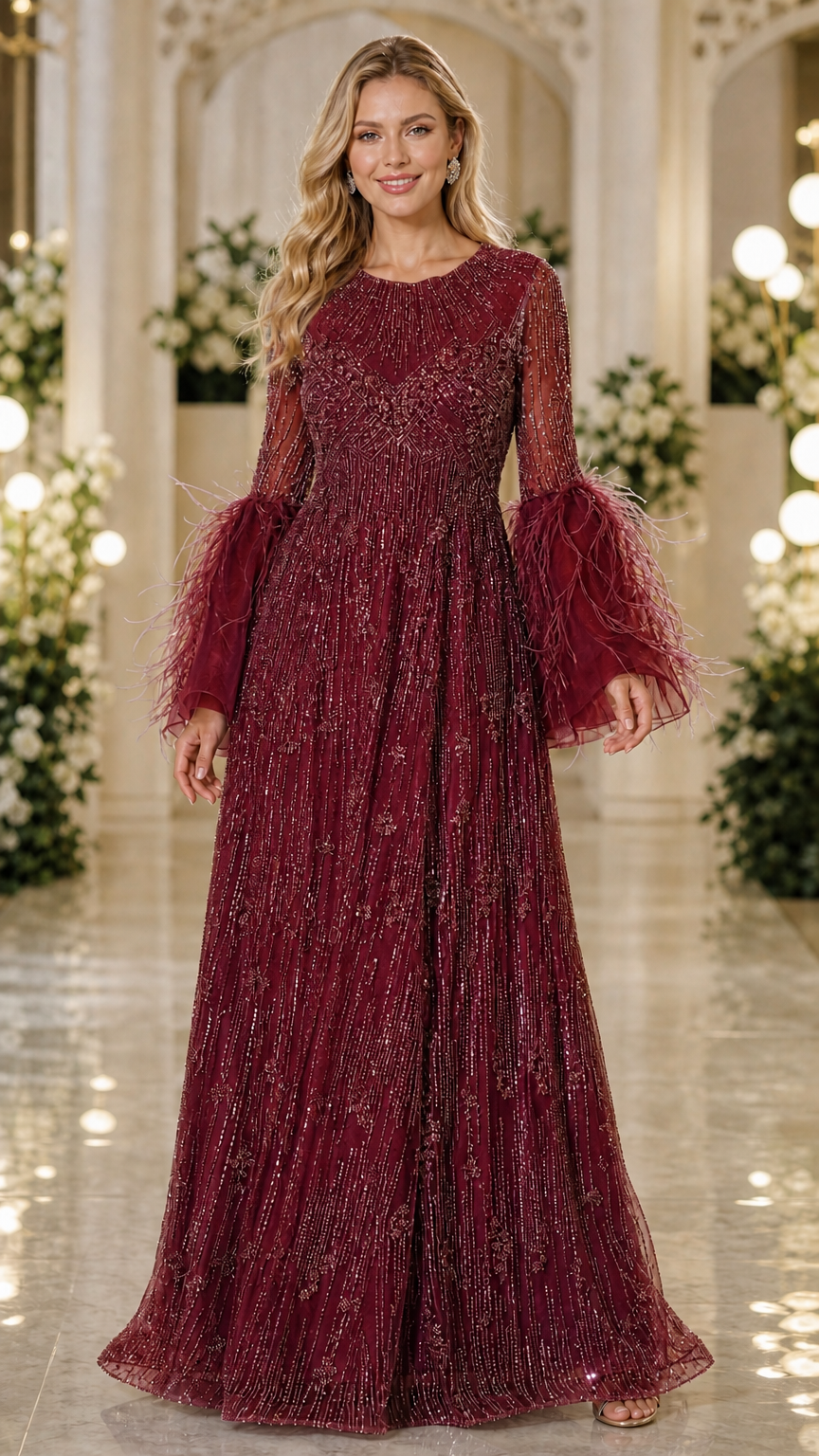 Burgundy wine red sparkling sequin evening gown with feather detail cuffs