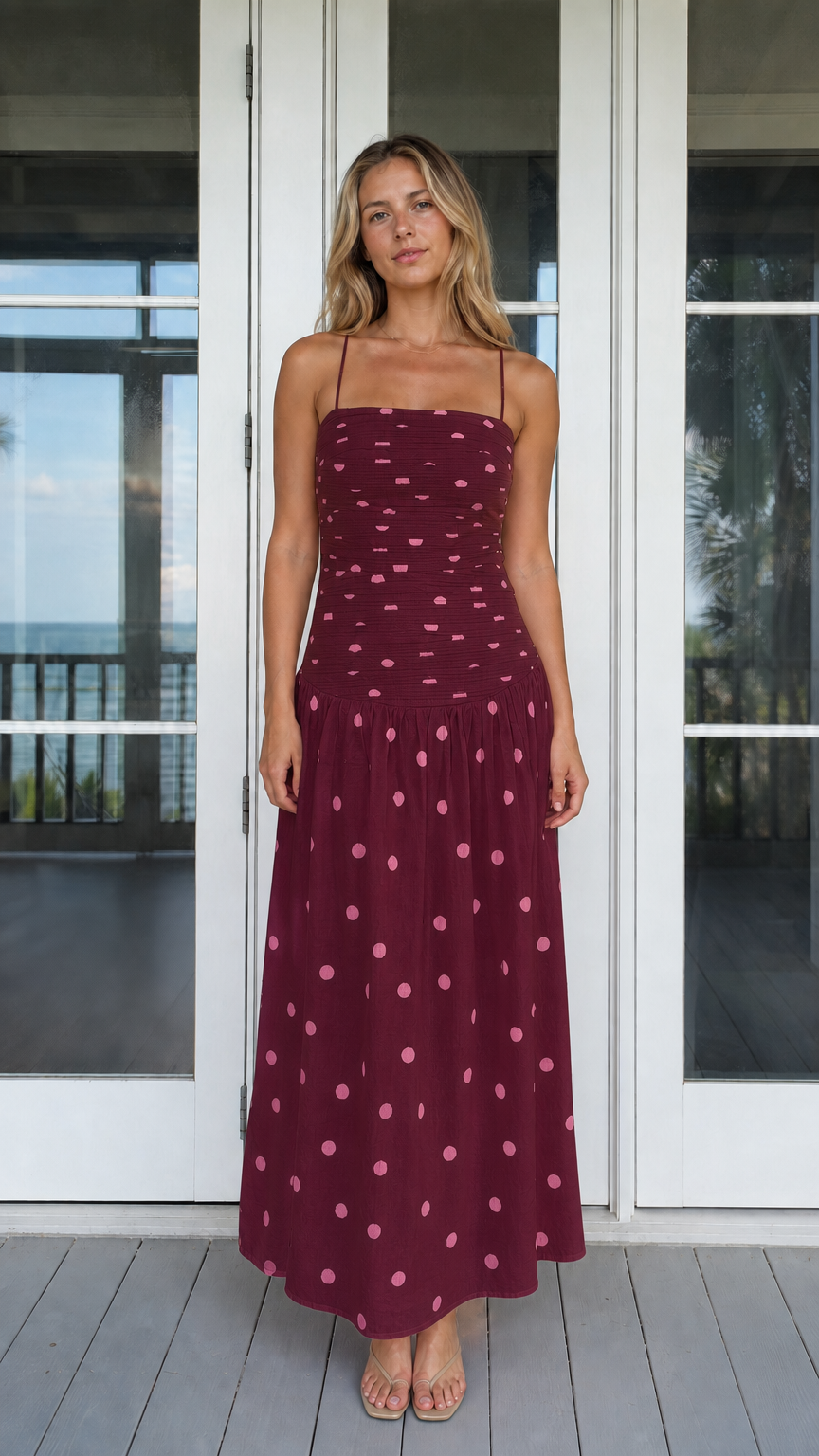 Model wearing burgundy polka dot smocked maxi dress