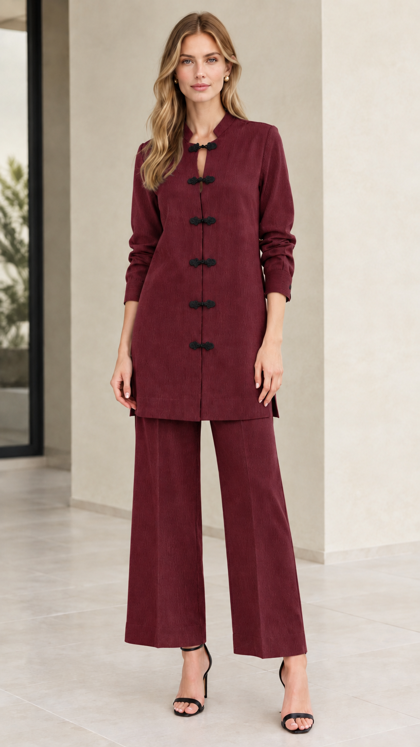 Front full-length view of woman wearing Burgundy wine red mandarin collar tunic and pants set
