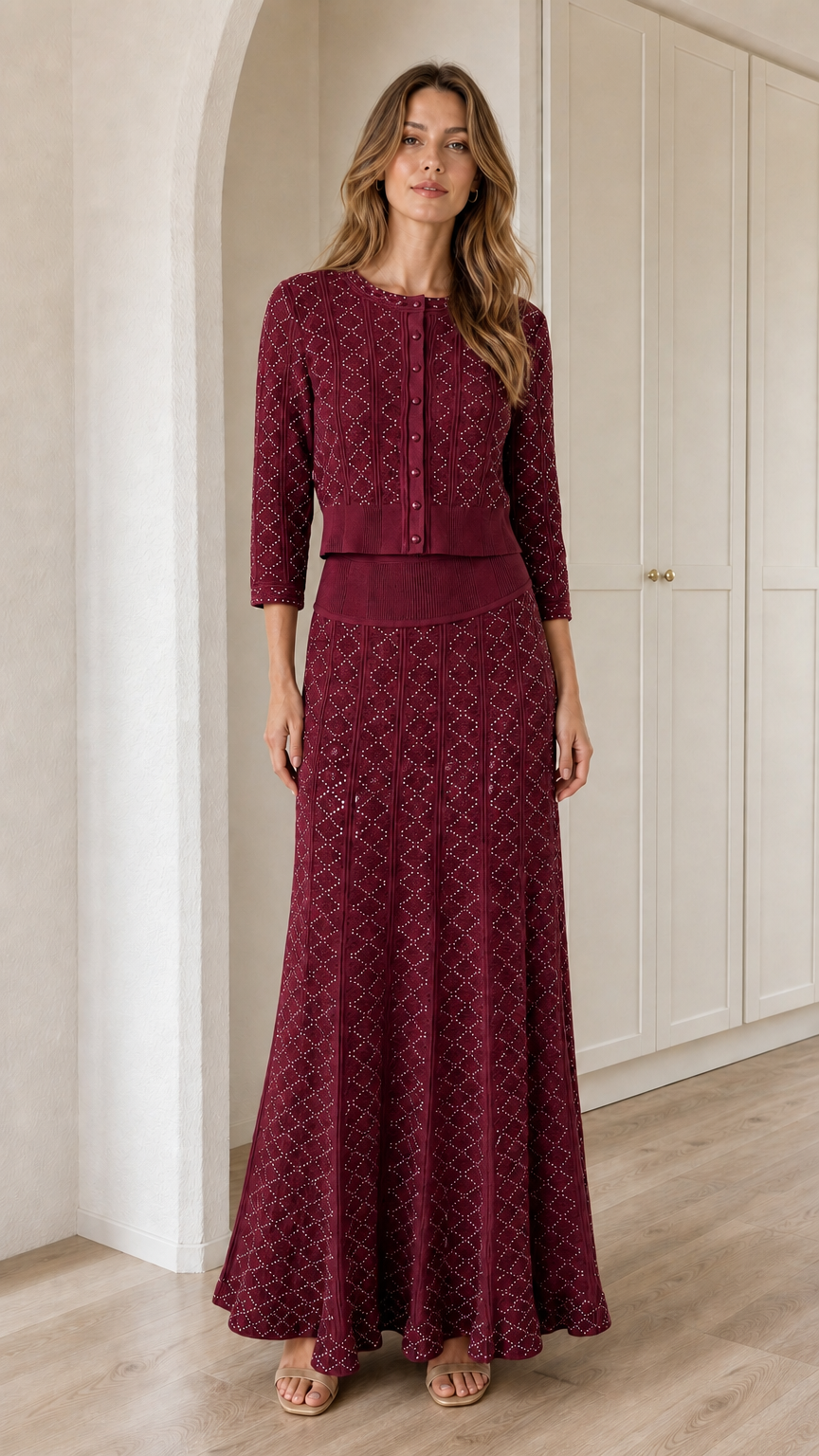 Model wearing Burgundy pointelle knit buttoned cardigan and long skirt set